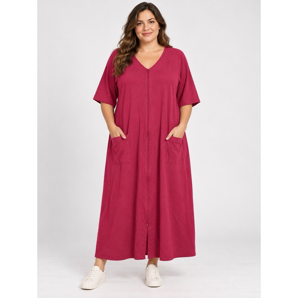 Dreams & Co. Robe Classic 2X Red Short Sleeves Long Zip-Front Plus Size